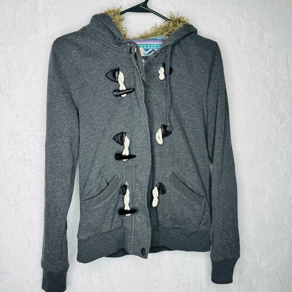 Vintage Roxy Y2K Grunge Toggle Button Jacket Faux Fur Hood  Streetwear Bella - Picture 3 of 13